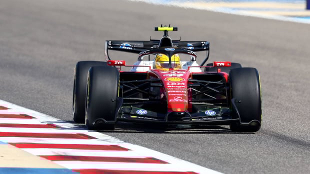 Lewis Hamilton drives his car at the Sakhir race track in pre-season testing
