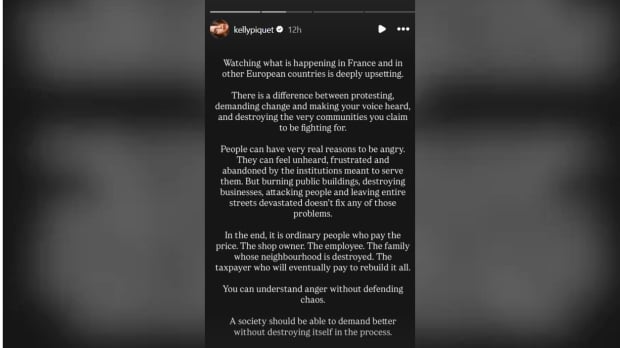 Kelly Piquet shared her thoughts on the French riots on Instagram