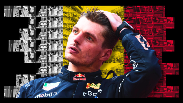 Verstappen in Red Bull race suit running hand through hair with black, yellow and red Belgian flag background — Photo: © IMAGO