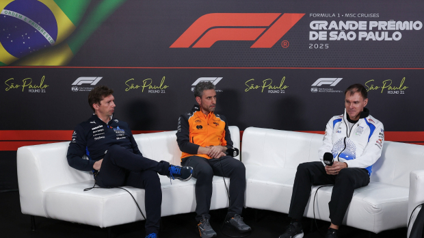 Vowles, Stella and Permane sat on the FIA press conference sofa in conversation at the Brazilian GP