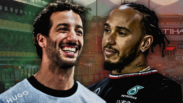 A composite image of Daniel Ricciardo and Lewis Hamilton