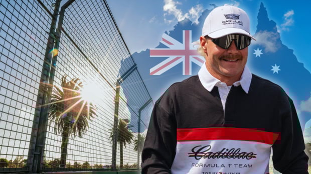 Bottas in Cadillac F1 Tommy Hilfiger kit with translucent Aussie flag and palm trees and sunny Albert Park circuit in the background — Photo: © IMAGO