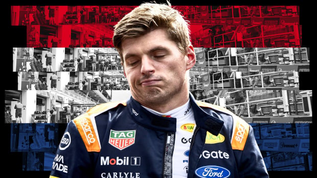 A compsite image of a disappointed Max Verstappen with a Dutch themed background — Photo: © IMAGO
