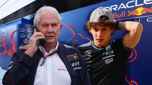 Composite of Helmut Marko and Kimi Antonelli in front of Red Bull paddock