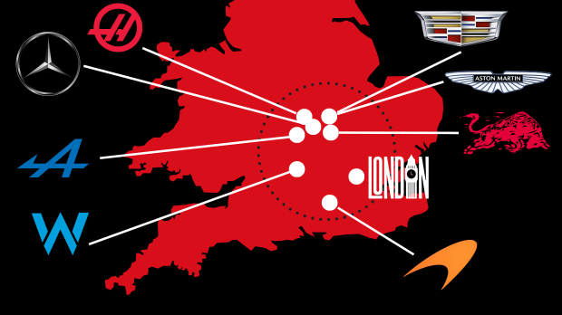 Where F1 teams are based, featuring seven in England's 'motorsport valley' — Photo: © IMAGO