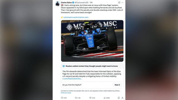 Sainz's post claiming there was an issue with the FIA blue flags' system has been Community Noted