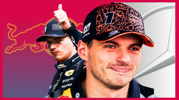 Composite image of a happy Verstappen with Red Bull and Mercedes logos behind him