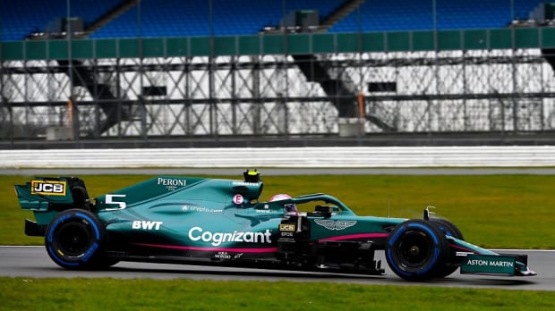 Sebastian Vettel in his Aston Martin at Silverstone