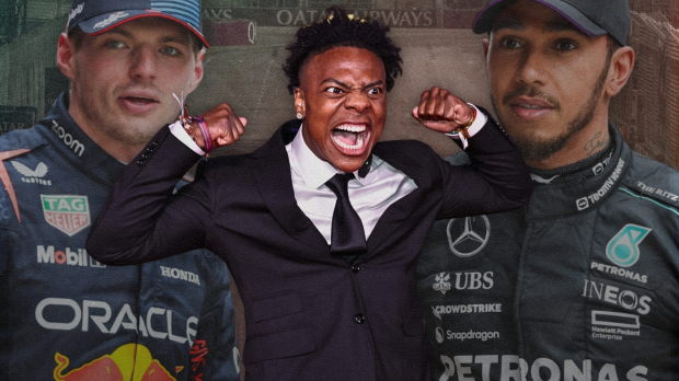 A composite image of ishowspeed, Max Verstappen and Lewis Hamilton