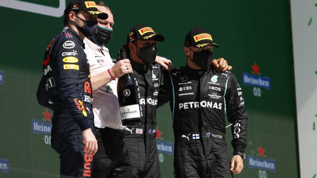 Max Verstappen, Lewis Hamilton and Valtteri Bottas on the podium in Portugal