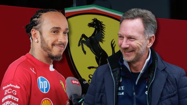 Christian Horner and Lewis Hamilton look at each other in a composite featuring a Ferrari logo background