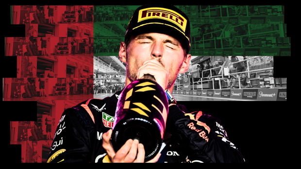 Max Verstappen swigging from a champagne bottle edited onto the background of a UAE flag