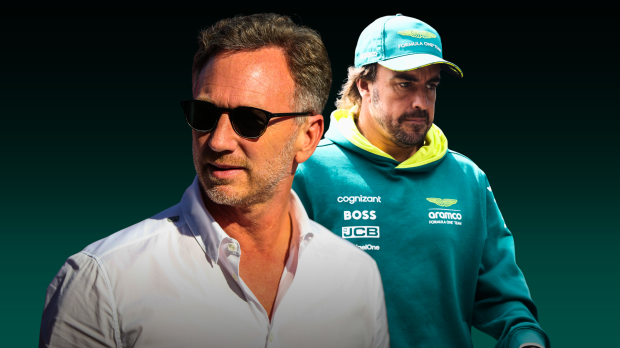 Christian Horner and Fernando Alonso looking serious on a green background — Photo: © IMAGO