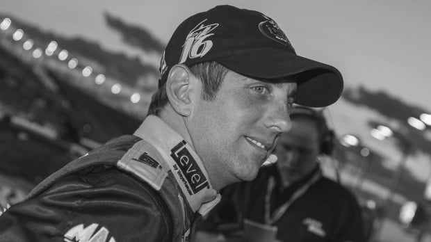 A black and white image of former NASCAR driver Greg Biffle