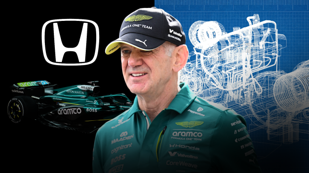 Adrian Newey is pictured smiling to a backdrop of an Aston Martin car and a Honda engine — Photo: © IMAGO
