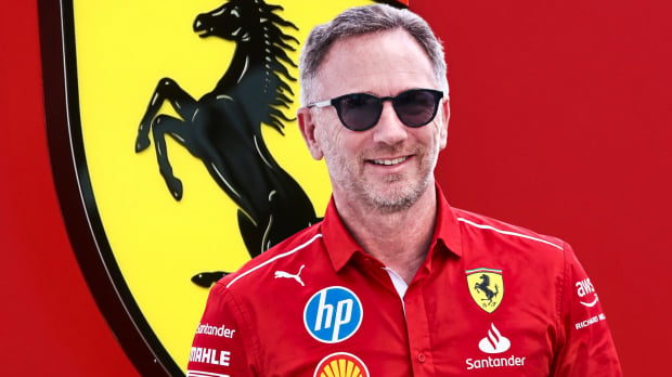 A composite image of Christian Horner in Ferrari attire and a Ferrari logo behind him — Photo: © IMAGO