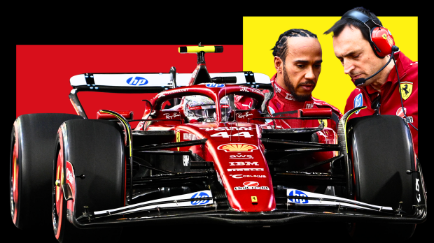 Hamilton in his Ferrari F1 car with image of Hamilton in conversation with Adami edited behind, red, yellow and black block background