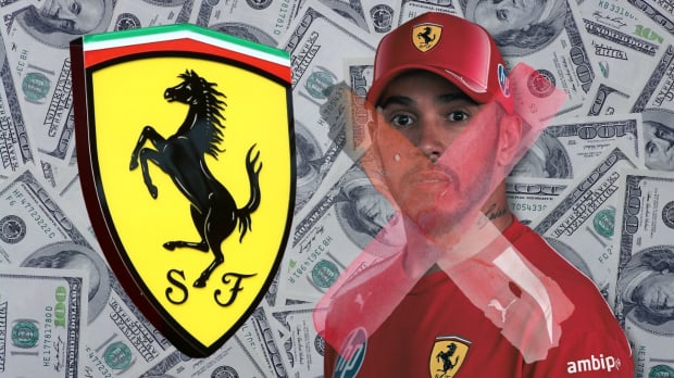 Lewis Hamilton has a red x on his face next to a Ferrari logo with a cash background — Photo: © IMAGO