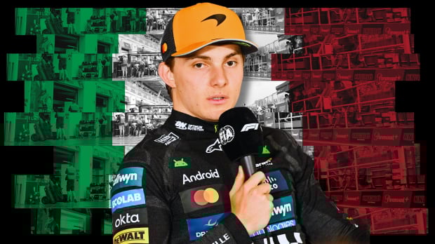 Piastri holding a mic with an Italian flag-themed backdrop