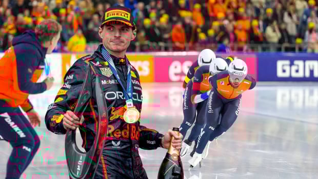Max Verstappen super-imposed with a gold medal as the Dutch speed skating team skate round the ice behind him