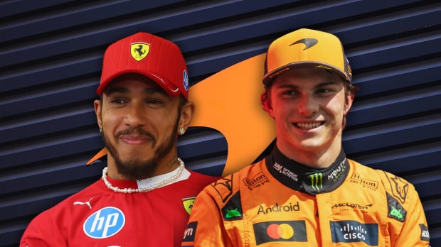 Hamilton in Ferrari kit and Piastri in McLaren kit both smirking in front of McLaren logo black and orange background