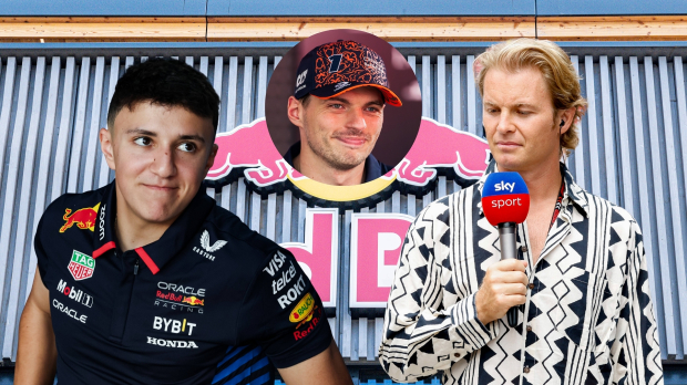 Nico Rosberg and Isack Hadjar look at one another in front of the Red Bull logo with Max Verstappen inset