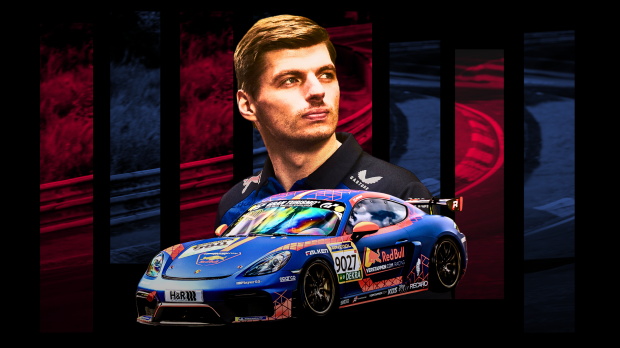 An edit of Max Verstappen positioned over a red and blue background of the Nurburgring and a GT3 car — Photo: © IMAGO