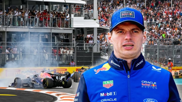 Verstappen looking shocked with a background of his Red Bull spinning on track at Miami GP — Foto: © IMAGO x GPFANS