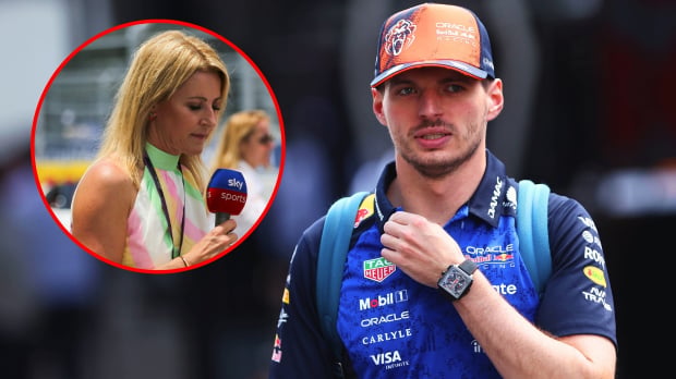 Verstappen looking uneasy on the right-hand side of image with circular inset image of Brookes with her head down holding Sky Sports mic — Photo: © IMAGO