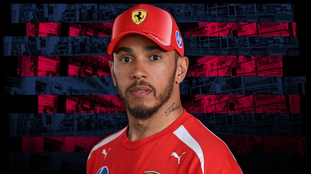 Lewis Hamilton looking surprised edited onto a background of Barcelona colours — Foto: © IMAGO