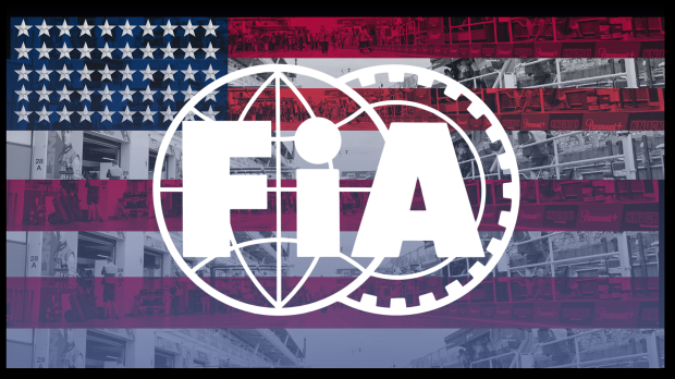 An edit of the FIA logo on a background of the United States flag