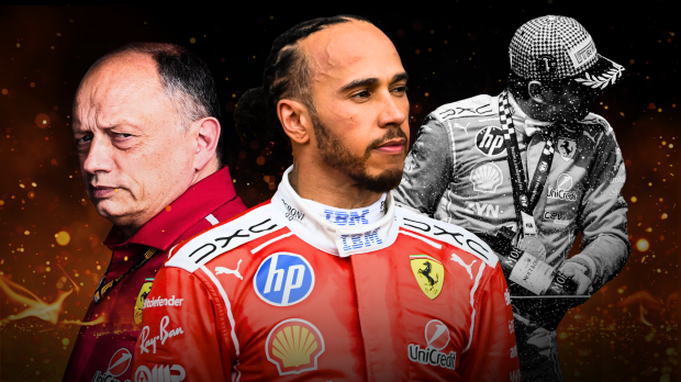 Vasseur and Hamilton side by side looking concerned with black and white image of Leclerc spraying champagne on Silverstone podium. Black background with sparks flying — Photo: © IMAGO