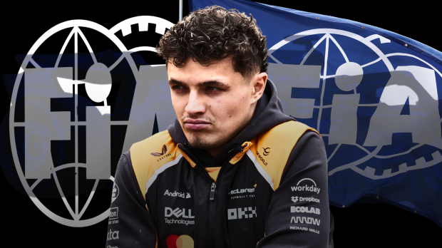 Lando Norris in front of the FIA flag