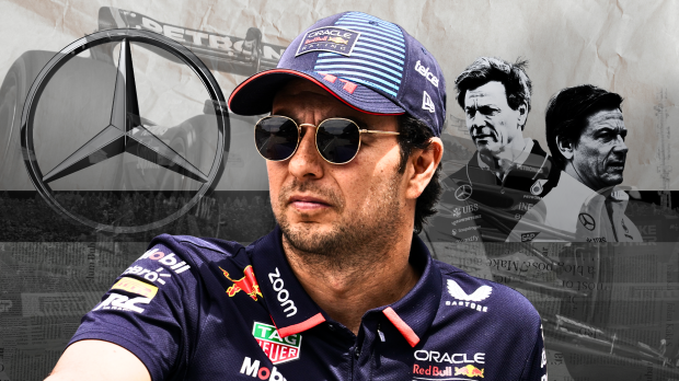 Sergio Perez with the Mercedes logo and Toto Wolff next to him