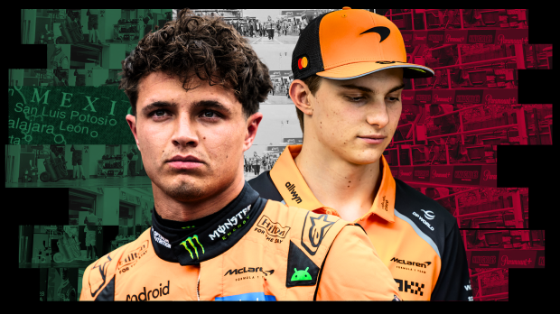 Piastri and Norris looking glum with an edited background of the F1 paddock with a Mexican flag overlay
