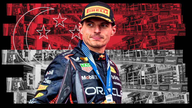 Verstappen smirking in front of a Singapore-themed background