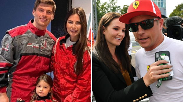 Max Verstappen with Kelly Piquet and Penelope Kvyat and Kimi Raikkonen with Minttu Raikkonen
