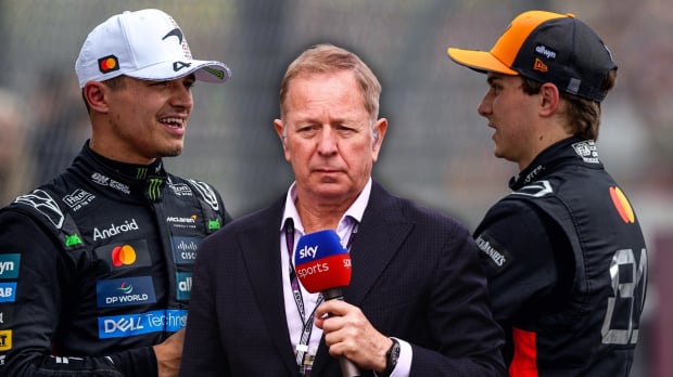 Brundle holding a Sky microphone edited into the centre of Norris and Piastri facing each other in conversation