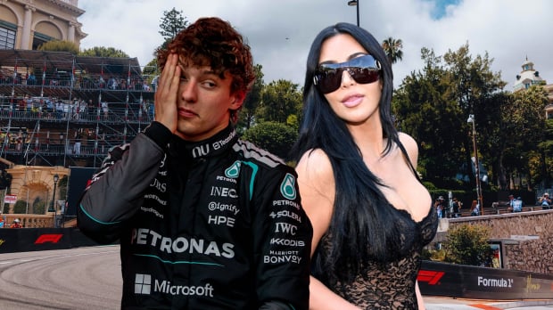 Headshot of Antonelli looking annoyed next to headshot of Kim Kardashian in sunglasses and glam edited in front of Monaco hairpin — Photo: © IMAGO