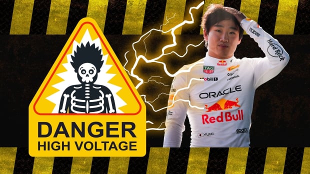 An edited image of Yuki Tsunoda getting electrocuted next to a 'Danger! High Voltage' sign which contains an illustration of a frazzled man 