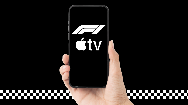 Apple TV and F1 logo on a graphic of an iphone with black and white chequered flag details in foreground on black base. — Photo: © IMAGO