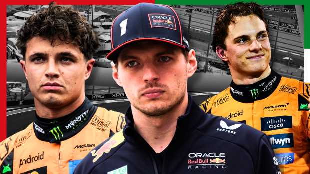 Max Verstappen, Lando Norris and Oscar Piastri look on with an Abu Dhabi track behind them