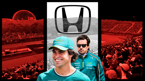 Stroll smiling, Alonso looking serious in black shades, both wearing Aston Martin green with red and white Canadian GP background and white Honda logo overlay — Photo: © IMAGO