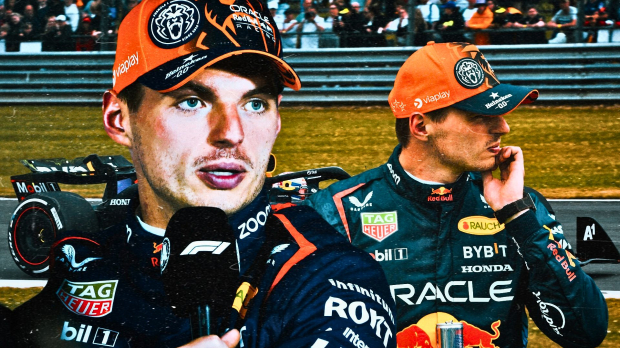 Two images of Max Verstappen one of him being interviewed the other looking frustrated