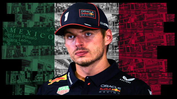 Verstappen looking disinterested in a Red Bull polo and cap with a Mexican flag-themed background