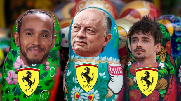 Lewis Hamilton, Fred Vasseur and Charles Leclerc's faces edited onto three Russian dolls showing Ferrari logos