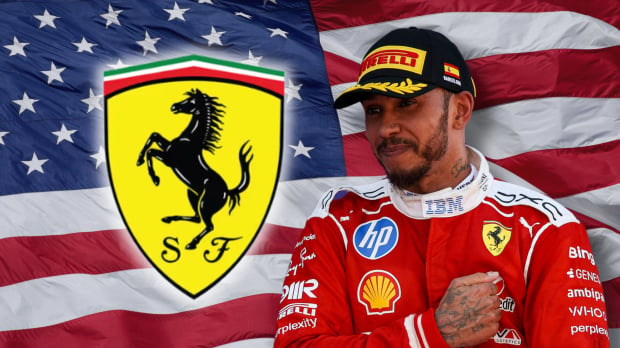 Lewis Hamilton is shown in a composite with a Ferrari badge and a US flag background — Photo: © IMAGO
