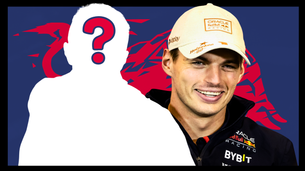 Max Verstappen smiling with the silhouette of a mystery driver next to him Red Bull logo in the background 