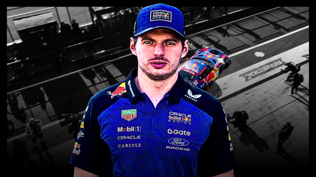 Max Verstappen edited onto a black and white background of a pitlane with his GT3 illuminated in colour — Photo: © IMAGO