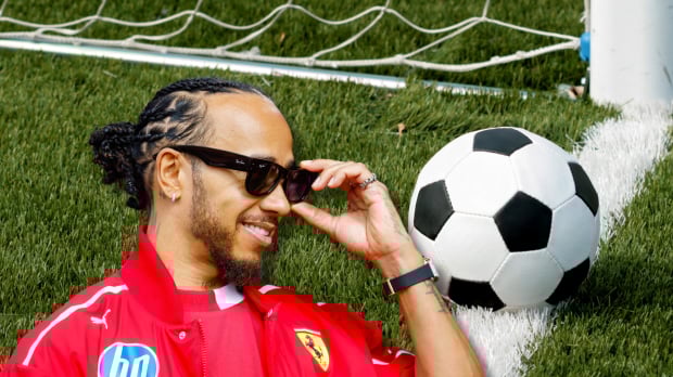 Lewis Hamilton looks at a football in a composite picture